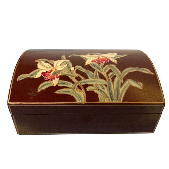 Vintage Floral Lacquered Wooden Jewelry Box With Hinged Lid And Orchid Design - Picture 1 of 9